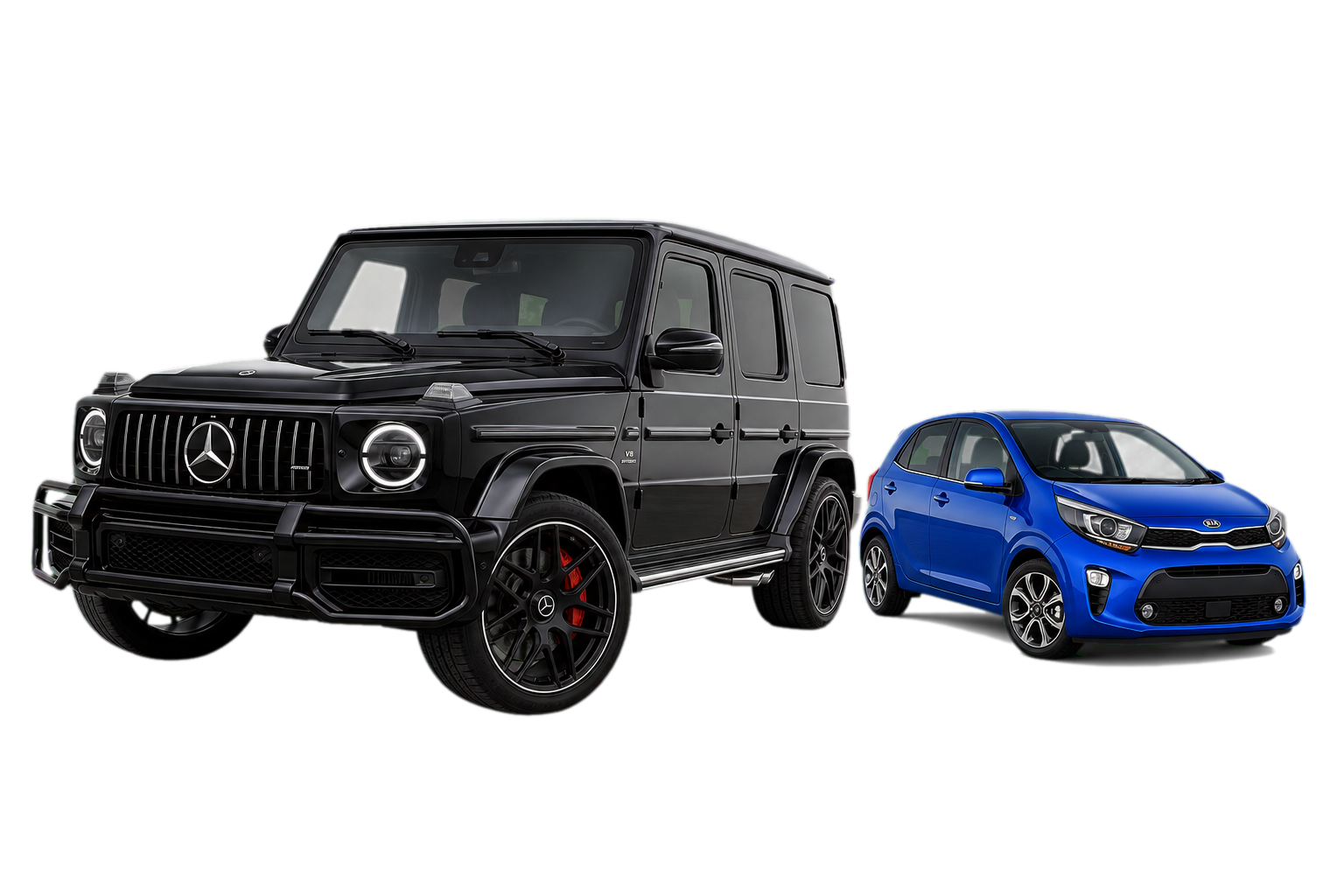 Black Mercedes-AMG G 63 beside a smaller blue Kia Picanto